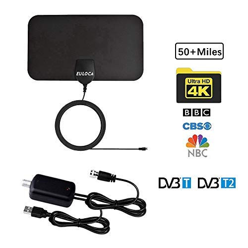TV Antenna, [2019 Newest] Indoor Digital HDTV Amplified Antennas Freeview 4K 1080P HD VHF UHF for Local Channels 50-80 Miles Range with Amplifier Signal Amplifier Support All TVs [Clear]