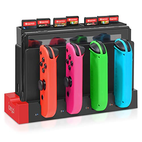 Compatible for Nintendo Switch JoyCon Charging Dock and Game Card Storage Holder with 28 Game Card Slots, Support 1-4pcs Joy Con, Charger with Individual LED Indicator for Switch Joy-Con