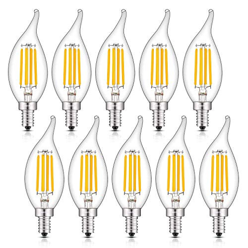 OMAYKEY LED Candelabra Bulb 45W Equivalent 450LM, 4W 2700K Warm White E12 Base LED Filament Chandelier Light Bulbs, Vintage Edison CA11 Clear Glass Candle Flame Tip, Non-dimmable Version, 10 Pack
