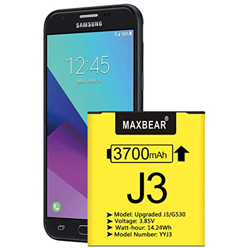 Galaxy J3 Battery, (Upgraded) MAXBEAR 3700mAh 3.85V Li-Polymer Replacement Battery EB-BG530BBC for Samsung Galaxy J3 J320V J320A J320F J320P J327A J327P EB-BG530BBE/Galaxy Grand Prime SM-G530 Battery