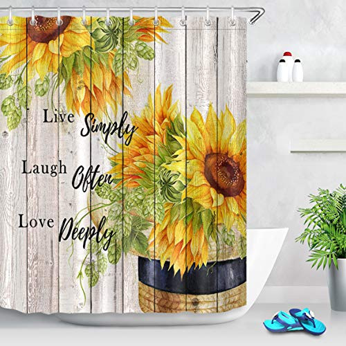 ECOTOB Farmhouse Sunflower Shower Curtain Decor, Sunflower on Rustic Vintage Wood Boards Live Laugh Love Shower Curtains 60X72 inch Polyester Fabric Bathroom Decorations Bath Curtains Hooks Included