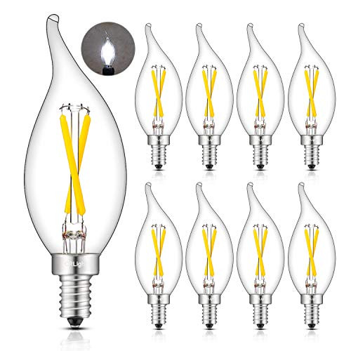 CRLight 2W LED Candelabra Bulb 6000K Daylight White, 30W Equivalent 300 Lumens, E12 Base Dimmable LED Filament Chandelier Light Bulbs, Antique CA11 Clear Glass Candle Flame Tip, Pack of 8