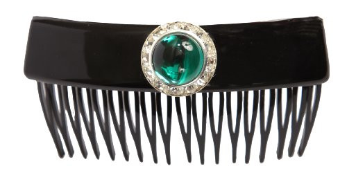 Caravan Hand Decorated French Over Lapping Comb with Large Emerald and Swarovski Crystal Stones, Black, .65 Ounce