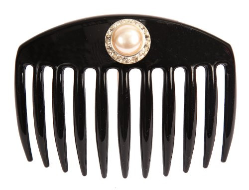Caravan Hand Decorated French Comb with Large Pearl and Swarovski Stones In Silver Setting, Black.65 Ounce