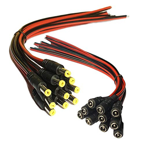 Daykit 10 Pairs DC Power Pigtail Cable, 12V 5A 2.1mm x 5.5 mm Male & Female Connectors for CCTV Security Camera and Lighting Power Adapter