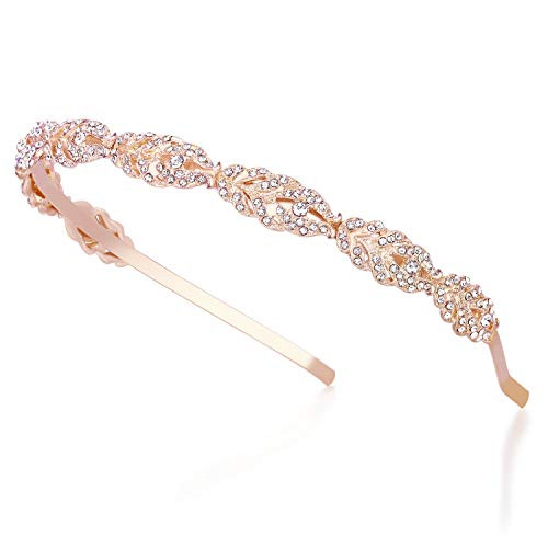 Ammei Rose Design Rhinestone Crystal Wedding Headband Bridal Headpieces Simple Design Bridal Headband (Rose Gold)