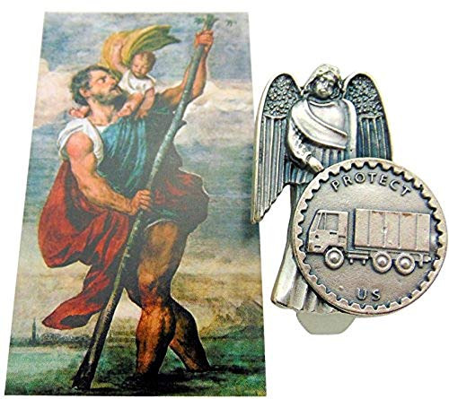 Westman Works Truck Drivers Visor Clip Guardian Angel Pewter with Saint Christopher Auto Protection Holy Card
