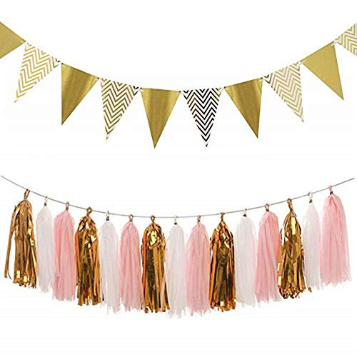 B-COOL Triangle Banner Flags Vintage Flags Paper Pennant Banner Bunting Tissue Paper Tassels Garland for Party Flag Decor Wedding Birthday Party Wall Decor 15pcs Flags(Pink+White+Gold)