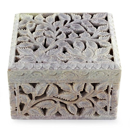 NOVICA Leaf and Tree Soapstone Jewelry Box, Beige, White Ivy'