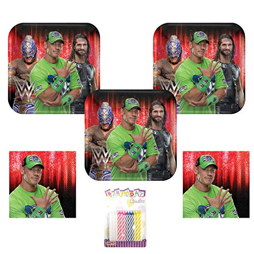 WWE Smash Wrestling Party Supplies Pack Serves 16: Plates and Napkins with Birthday Candles (Bundle for 16)