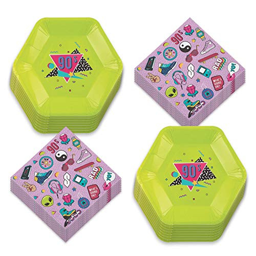 90's Decades Party Supplies - Bright Paper Dinner Plates and 90s Nostalgia Luncheon Napkins (Serves 16)