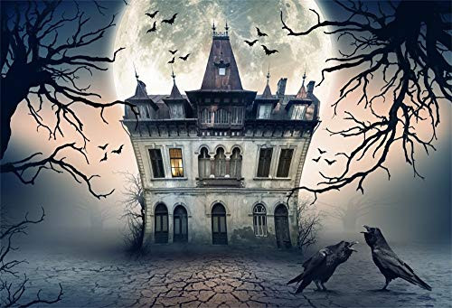 OFILA Haunted Castle Backdrop 7x5ft Halloween Party Photography Background Halloween Full Moon Night Spooky Forests Creepy Halloween Eve Events Decoration Gloomy Background Video Props