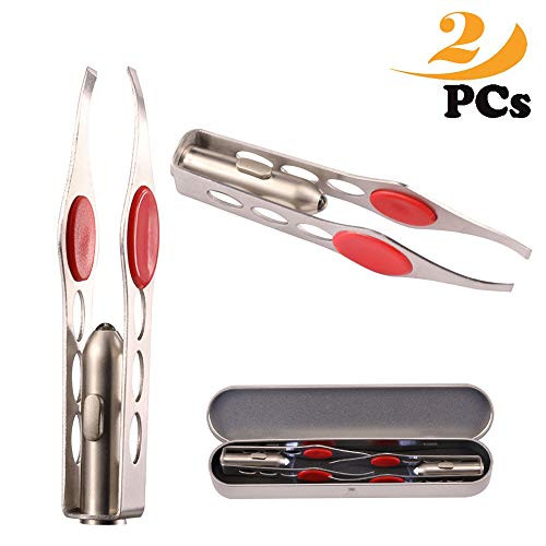 tweezers with light,led tweezers,Professional Tool Led Light Stainless Steel Eyebrow Tweezer Hair Removal Makeup Tools,2pcs