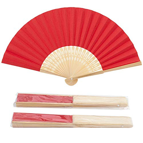 Sepwedd 50pcs Red Paper Hand Fan Bamboo Folding Fan Handheld Fans Paper Folded Fan for Wedding Party and Home Decoration(50Pcs Red)