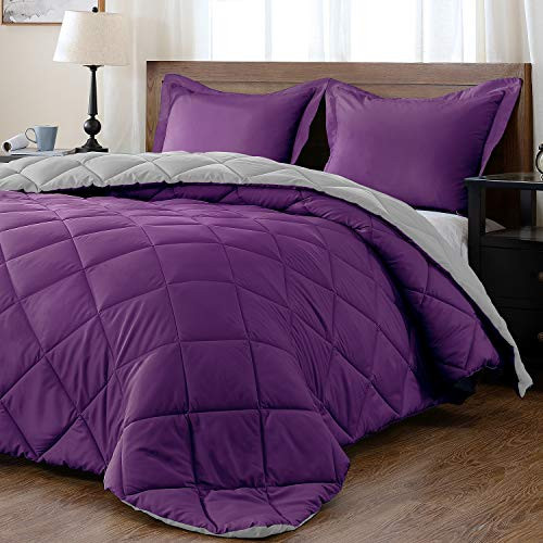 downluxe Lightweight Solid Comforter Set (Queen) with 2 Pillow Shams - 3-Piece Set - Purple and Grey - Down Alternative Reversible Comforter