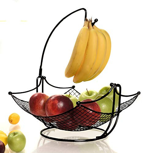 Fruit Basket + Detachable, Banana holder, Elegant Fruit Bowl with Banana Tree Hanger, Black, Chrome or Bronze for the classic look (black)