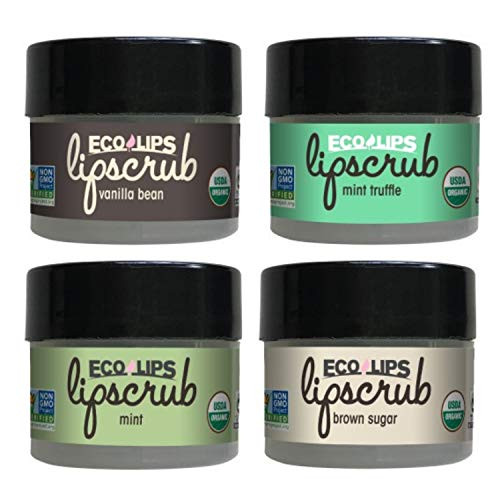 Eco Lips LIP SUGAR SCRUB 4-Pack (4-0.25oz jars) 100% Organic Lip Care Treatment with Organic Sugar & Coconut Oil - Gently Exfoliate & Polish Dry, Flaky Lips, 100% Edible (Variety 4-pack)