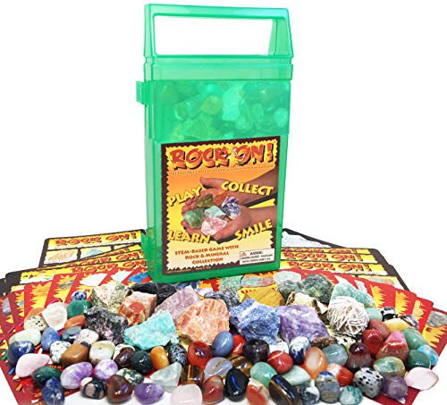 ROCK ON! Geology Game with Rock & Mineral Collection  Collect and Learn with STEM-based Educational Science Kit in Carrying Case - Amethyst, Rhodonite, Selenite Crystal, Unakite and lots more