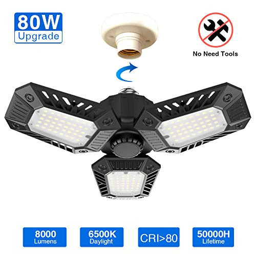 LED Garage Lights, 80W 270° Deformable Garage Ceiling Light 8000LM 6000K E26 Basement Lights with 3 Adjustable LED Panels Fits for Garage, Warehouse, Barn, Workshop and Yard