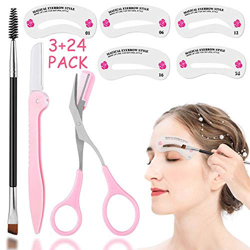 Eyebrow Stencil SET with 24 pcs Brow Stencils, Duo Eyebrow Spoolie Brush, Eyebrow Razor for Women Eyebrow Scissors with Comb, Shaper Makeup Kits Reusable Shaping Template for DIY Grooming Tools