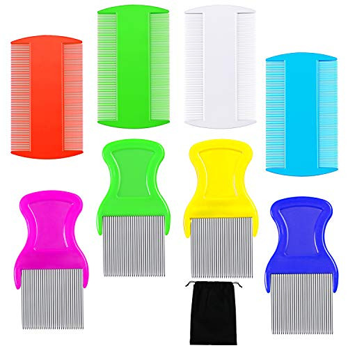 Aneco 8 Pieces Lice Removal Combs Set Head Lice Combs Include 4 Pieces Metal Teeth Combs and 4 Pieces Double Sided Teeth Combs with Storage bag for Grooming and Removing Mucus and Stains