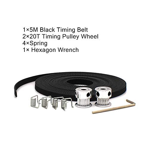 5m GT2 Timing Belt with 4pcs Belt Locking Spring and 2Pcs Bore 5mm 20Teeth Timing Pulley Wheel for 3D Printer (Black)