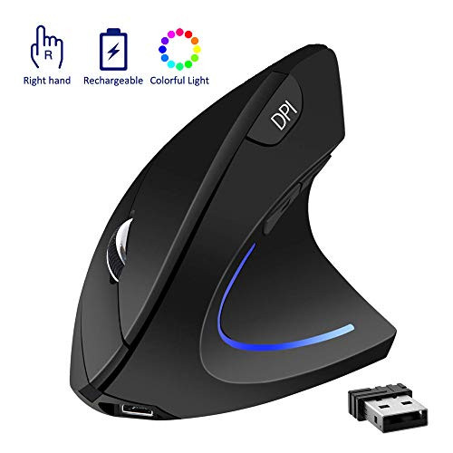 Ergonomic Mouse,Optical Vertical Wireless Mouse Rechargeable with USB Receiver,2.4GHz Optical Mouse,6 Buttons,800/1200/1600 DPI,for Laptop,PC,Computer,Desktop,Notebook(Black-Right)