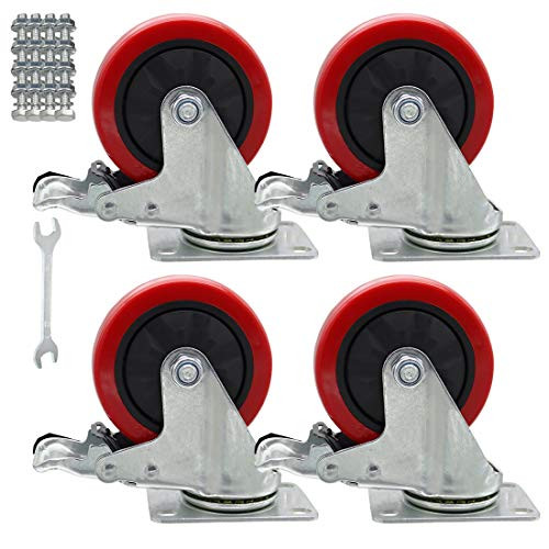 4 Pack Heavy Duty Swivel Plate Casters Wheels Top Plate 360 Degree Castors Movable PVC Wheel Safety Dual Locking Brake Caster with Screws (4 Inch)