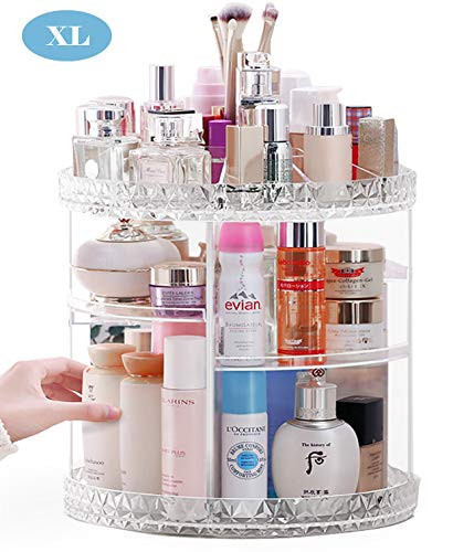 Rotating Makeup Organizer,360-Degree Cosmetic Countertop Organizer,Large Capacity Crystal Display Stand Box, Adjustable Multi-Function Cosmetic Storage Fits Jewelry,Makeup Brushes, Lipsticks (Extra L)