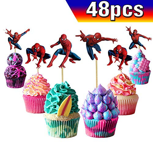 Spiderman Cupcake Toppers Spiderman Cake Toppers 48PCS, Spiderman Happy Birthday Party Supplies Pet Cake Decorations for Spiderman fans, Kids Birthday Party