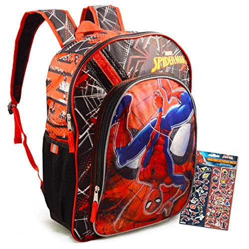 Spiderman Travel Bag Backpack for Boys Girls Kids - 16" Marvel Spiderman School Bag Bundle with Spiderman Stickers for Kids (Spiderman School Supplies for Boys Girls)