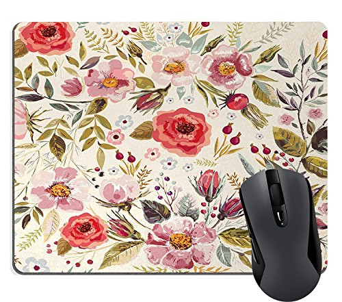 Wknoon Shabby Chic Floral Mouse Pad Watercolor Abstract Vintage Spring Poppies Flowers Roses Buds Leaves Romantic Print