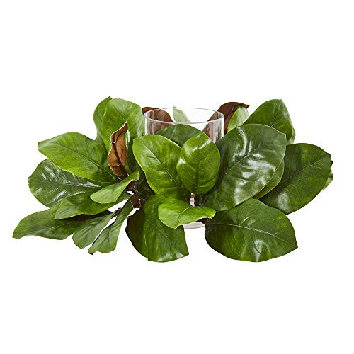 Nearly Natural 16 Round Magnolia Leaf Artificial Candelabrum Silk Arrangements, Green