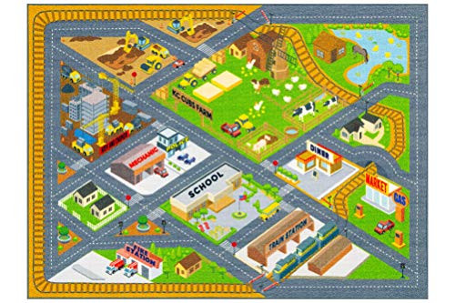 KC Cubs Playtime Collection Country Farm Road Map with Construction Site Educational Learning & Game Area Rug Carpet for Kids and Children Bedrooms and Playroom