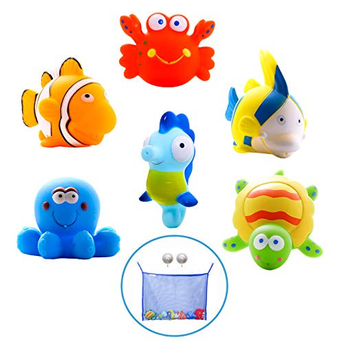 Mara's Box Bath Toys Large Educational Water Ocean Animals Toys. 6 pcs Pack + Bath Toy Organizer for Storage l Fun Squirt Bathtub Toys l Toddler Toys l Baby Toys