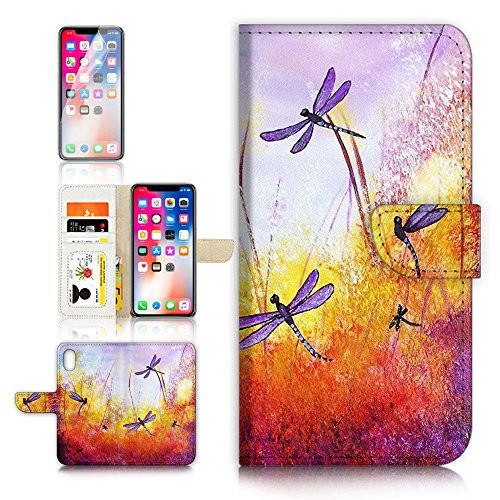 (for iPhone XR) Flip Wallet Case Cover & Screen Protector Bundle - A21092 Purple Dragonfly