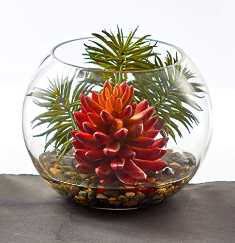 Nearly Natural Succulent Artificial Round Vase Silk Plants, Red/Green