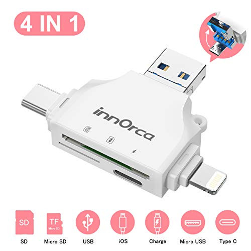 InnOrca Card Reader, 4 in 1 Memory Card Reader for iPhone iPad Mac/Android/PC, Support USB Type-C, USB, Micro USB Devices, SD & Micro SD Card Reader