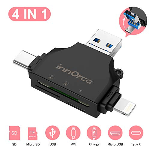 SD TF Card Reader, 4 in 1 Memory Card Reader for iPhone iPad Mac/Android/PC, Support USB Type-C, USB, Micro USB Devices, SD & Micro SD Card Reader