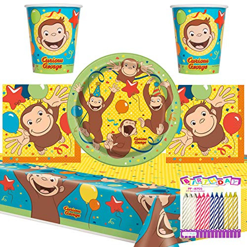 Curious George Party Supplies Pack Serves 16: Dessert Plates Beverage Napkins Cups and Table Covers with Birthday Candles (Bundlle for 16)