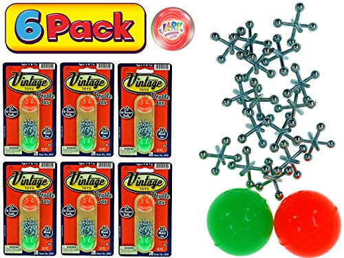 Vintage Metal Jacks Game Set Retro Toys (Pack of 6 Unist) Jax Game & 2 Balls Classic Games Great Party Favors or Pinata Filler Toy in Bulk. Plus 1 Collectable Bouncy Ball. 950-6p