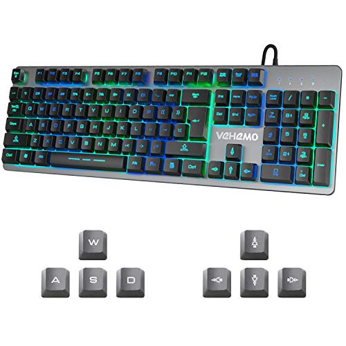 Gaming Keyboard Vehemo USB Wired RGB Keyboard Backlit Keyboard 7 Colors Breathing LED Keyboard Computer Keyboard All-Metal Panel 104 Key Keyboard for PC Laptop MAC
