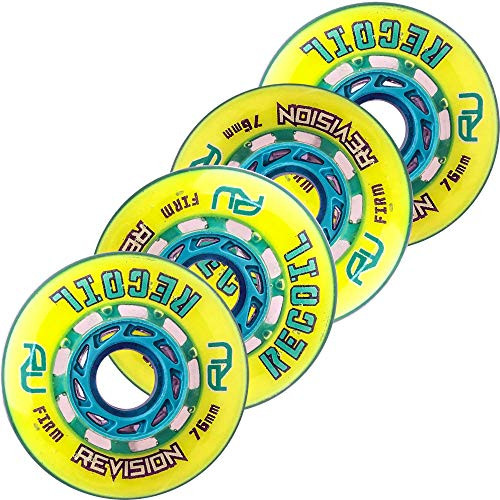 Revision Recoil Indoor Inline Roller Hockey Wheels - 74A - 76 Firm 4 Pack - Yellow & Teal Revision Recoil Indoor Inline Roller Hockey Wheels - 74A - 76 Firm 4 Pack - Yellow & Teal