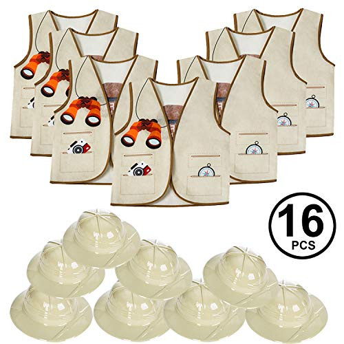 Tigerdoe Pith Helmets for Kids - 8 Safari Hats & 8 Vests - Jungle Party Supplies - Safari Party Favors - Dress Up for Kids