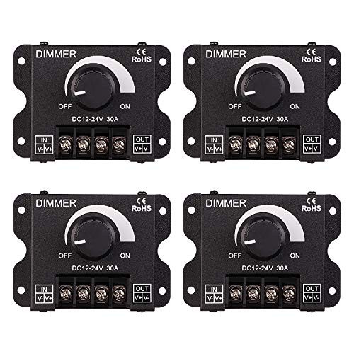 TORCHSTAR PWM Dimming Controller for LED Strip Light, DC 12V - 24V Dimmer Knob ON/OFF Switch with Aluminum Housing, Single Channel 30A 5050 3538 5630 Single Color Light Ribbon, Pack of 4
