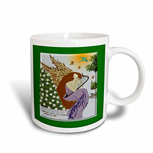 3dRose Angel Playing Harp in a Garden Christmas Art 9 Ceramic Mug, 15-Ounce