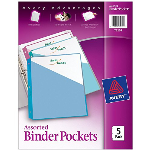 Avery Binder Pockets, Assorted Colors, 8.5" x 11", Acid-Free, Durable, 5 Slash Jackets (75254)