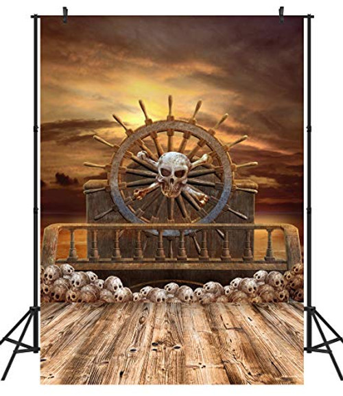 Duluda 5X7ft Halloween Backdrop Wooden Wheel Pirate Ship Skulls Horror Night Photography Background Photo Studio Props HW35