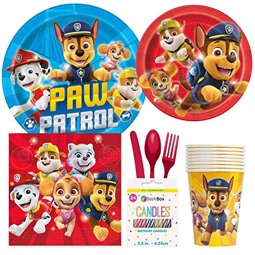 BashBox Paw Patrol Birthday Party Supplies Pack Including Cake & Lunch Plates, Cutlery, Cups & Napkins for 8 Guests Plus Bonus Candles
