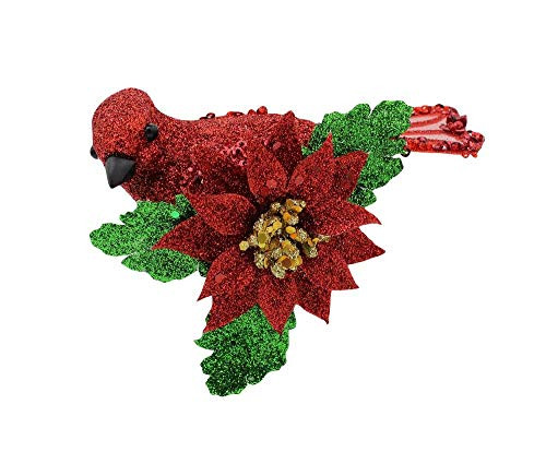 Kurt Adler Red Glitter Cardinal with Poinsettia Clip-On Ornament